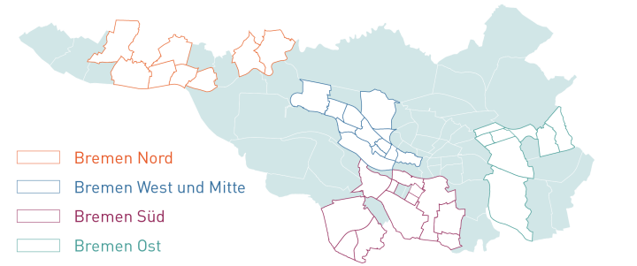 Karte von Bremen mit 41 farblich markierten Stadtteilen